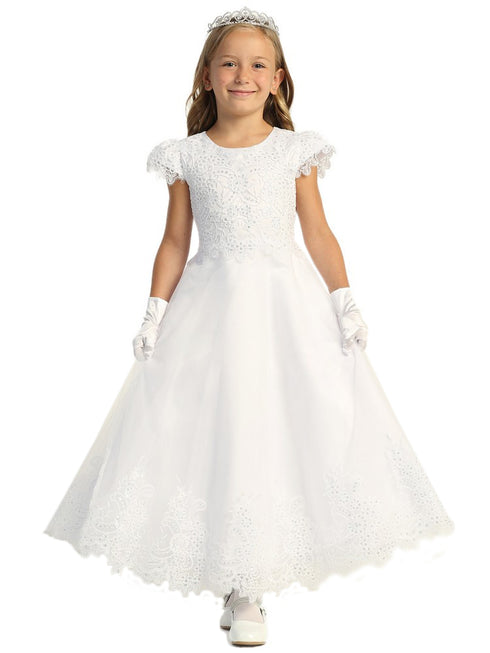 Lito Girls White Embroidered Tulle Cap Sleeve Communion Dress 6-14 - SophiasStyle.com